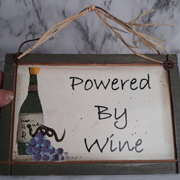 Powered‎ by Wine Wood Wall Hanging with Wire Hanger - Picture 1 of 6